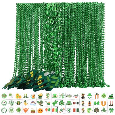 Becfupo 196Pcs St. Patrick's Day Accessories: 100 Pcs Metallic Green Beaded Necklaces & 96 Pcs Temporary Tattoo Stickers - Irish Party Favors
