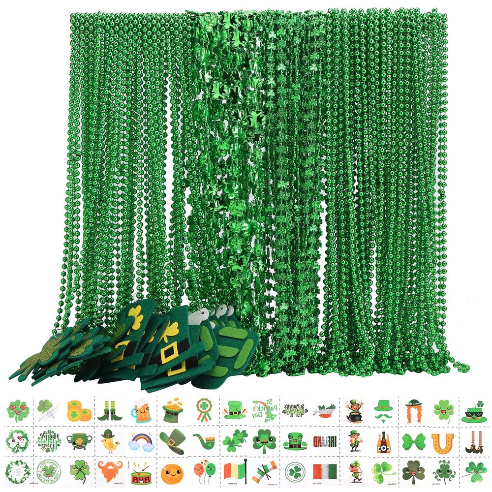 Becfupo 196Pcs St. Patrick's Day Accessories: 100 Pcs Metallic Green Beaded Necklaces & 96 Pcs Temporary Tattoo Stickers - Irish Party Favors