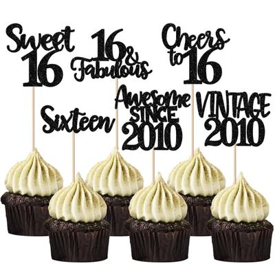 Rsstarxi 24 Pack Vintage 2010 Cupcake Toppers Black Glitter Happy 16th Birthday Cheers to 16 Sixteen 16 Fabulous Cupcake Picks for Sweet 16th Birthday Wedding Anniversary Party Cake Decorations