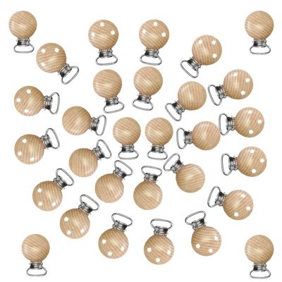 30 Pieces Wood Teething Grasping Toy Suspender Clips Natural Beech Wood Holder Charm DIY Chain Accessories