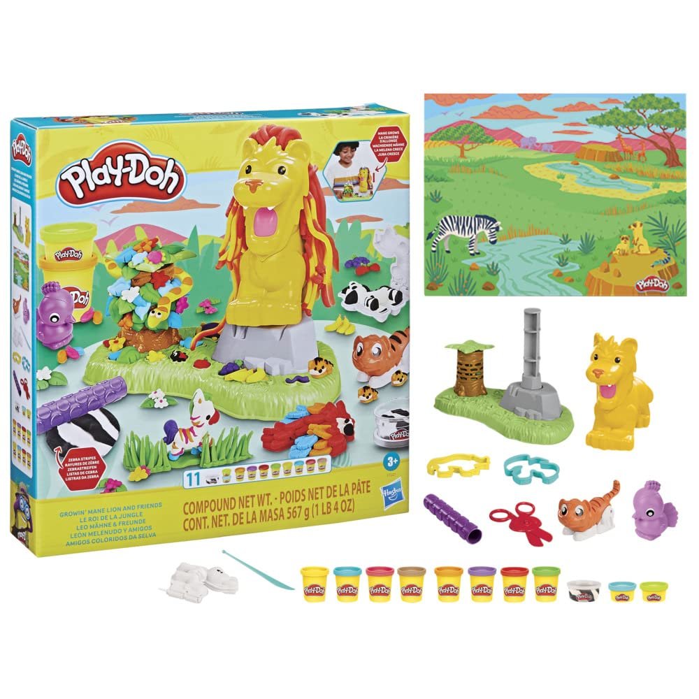 Play-Doh Growin' Mane Lion and Friends Playset, Animal-Themed Sets for Girls and Boys, Kids Toys