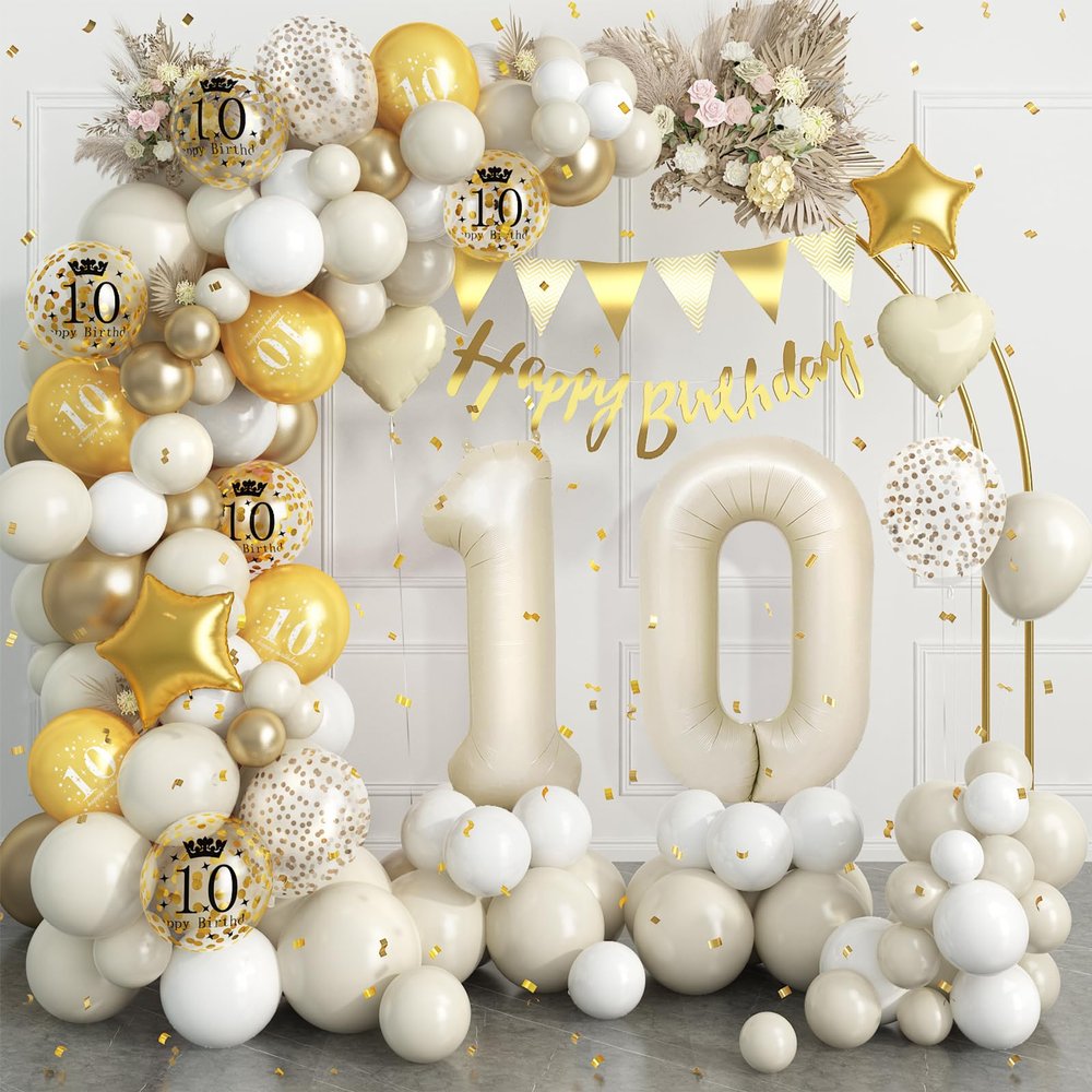 10th Birthday Decorations Sand White Gold,10th Balloon Arch Garland Kit With Number 10 Foil Balloons,Happy Birthday Banner for Girl Boy 10 Party Decoration