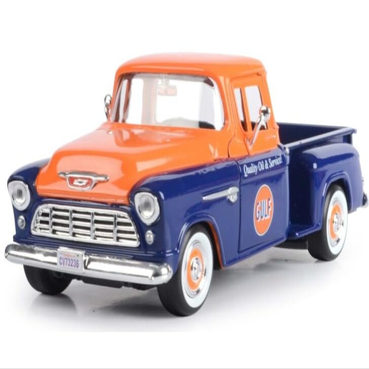1955 Chevy 5100 Stepside Pickup Truck Gulf Dark Blue and Orange 1/24 Diecast Model Car by Motormax 79651