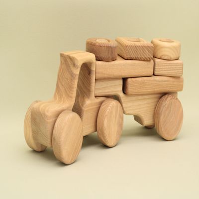 Free Shipping Natural Wooden Tractor-Constructor with Trailer, BT20 : Eco-Friendly Gift with Montessori and Waldorf Educational Influence Lotes Toys Baby Gift