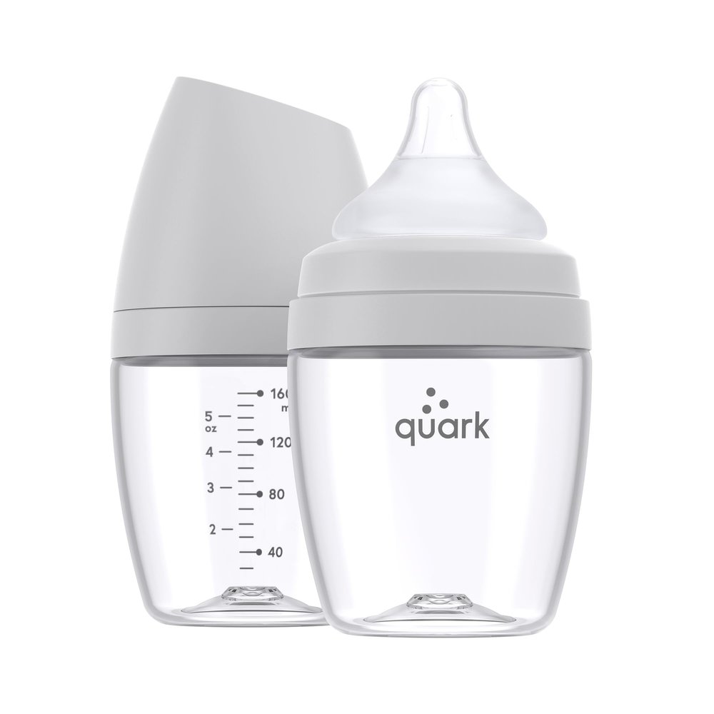 BuubiBottle Mini Slow Flow Bottle for Newborn Babies by Quark - with Anti-Colic RealFeel Nipple to Simulate Breastfeeding - BPA-Free, PVC-Free, Toxin-Free - 5 Oz Bottle with Lid, 2 Pack - Gray
