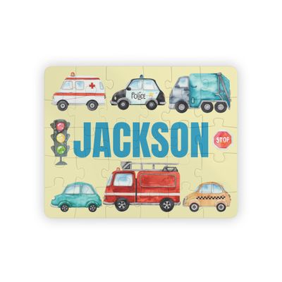 Artvibe Personalized with Your Child's Name Jigsaw Puzzle for Kids, Boys, Customized Puzzles: Construction Site, Train, Garbage Truck, Scholl Bus Cars Theme, Vehicles Large Size 11 x 14 (City Cars)