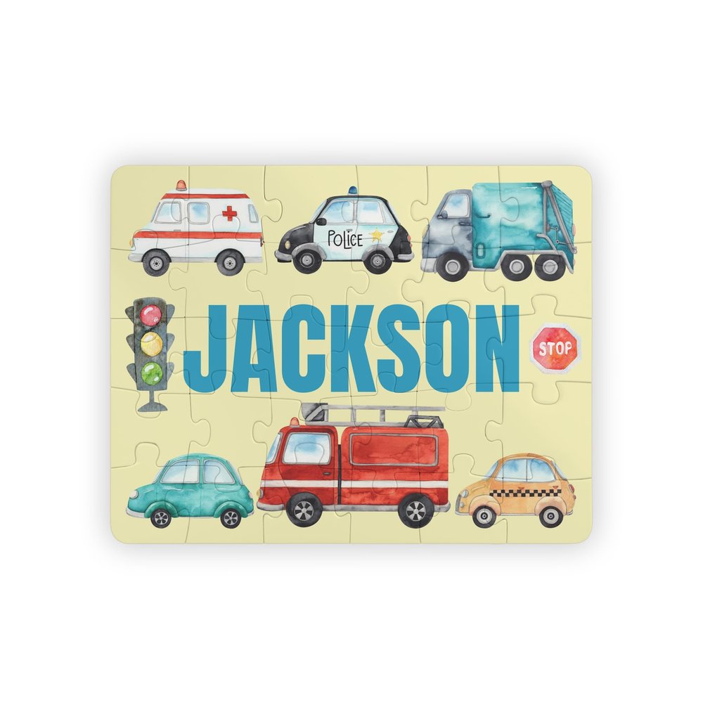 Artvibe Personalized with Your Child's Name Jigsaw Puzzle for Kids, Boys, Customized Puzzles: Construction Site, Train, Garbage Truck, Scholl Bus Cars Theme, Vehicles Large Size 11 x 14 (City Cars)