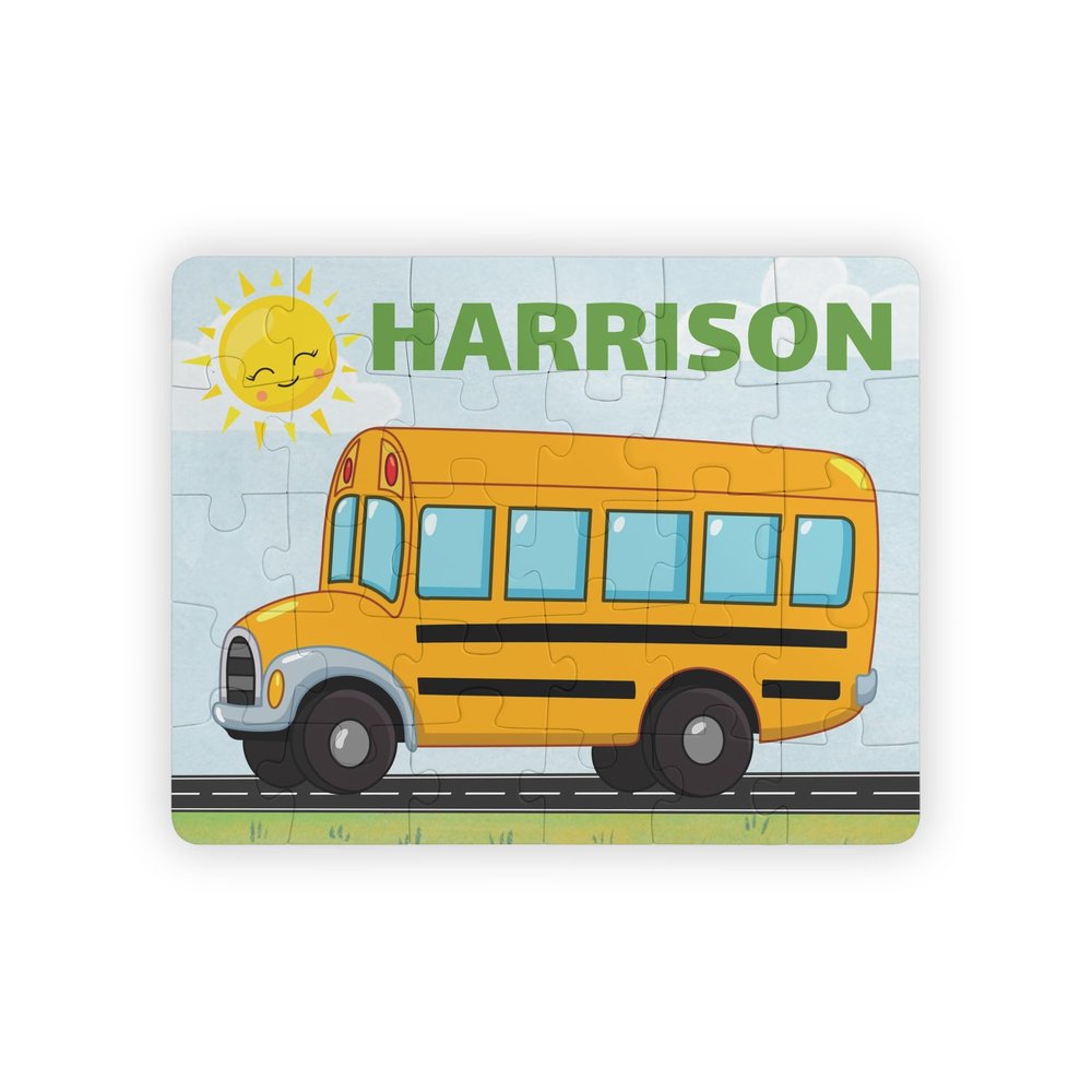 Personalized With Your Child's Name Jigsaw Puzzle for Kids, Boys, Customized Puzzles: Construction Site, Train, Garbage Truck, Scholl Bus Cars Theme, Vehicles Large size 11 x 14 inch (School bus)