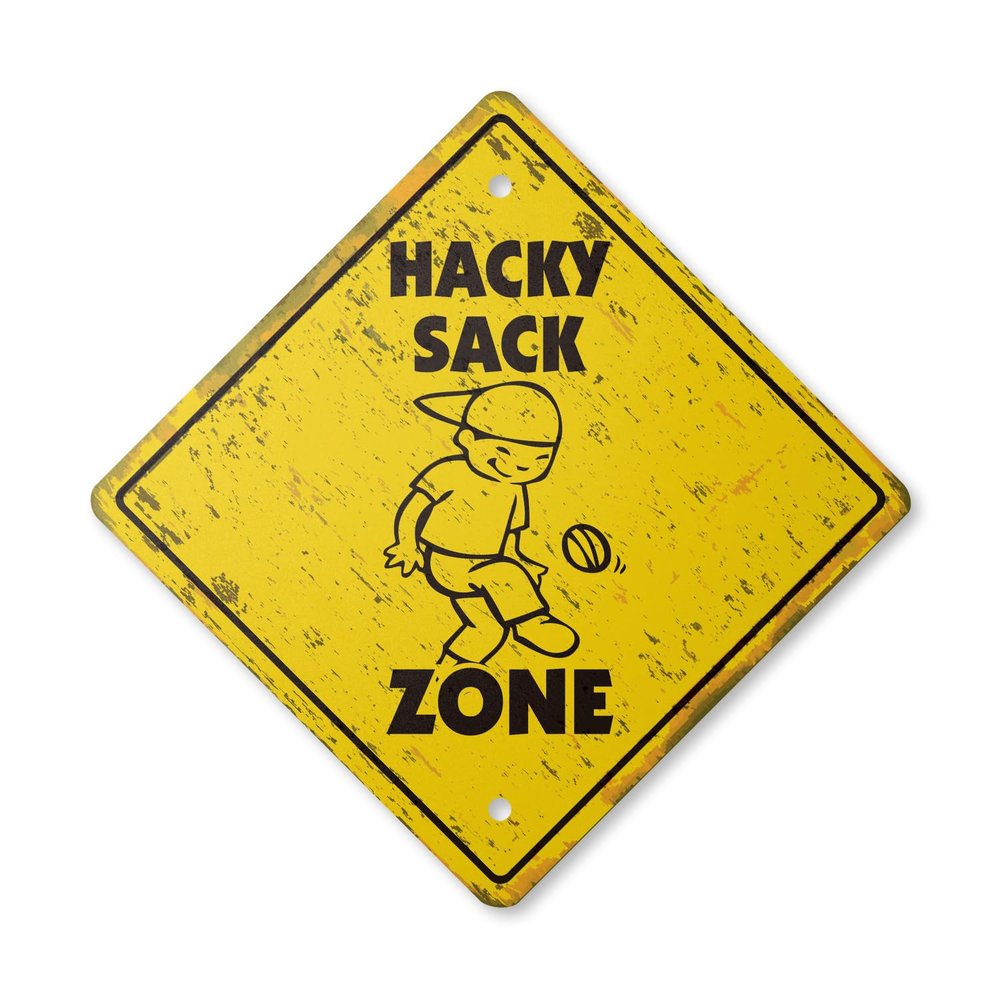 Hacky Sack Vintage Crossing Sign Zone Xing | Indoor/Outdoor Plastic | 14" Tall Rustic Kick College Game Foot Sack
