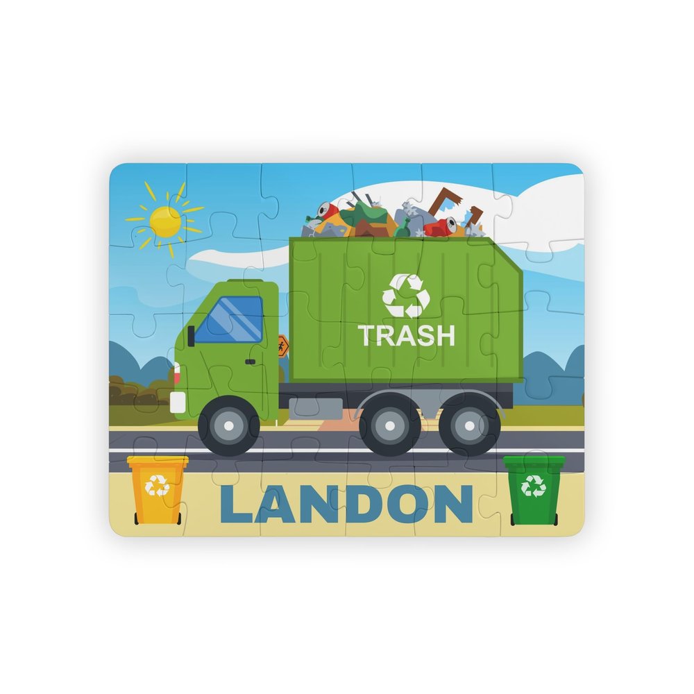 Personalized With Your Child's Name Jigsaw Puzzle for Kids, Boys, Customized Puzzles: Construction Site, Train, Garbage Truck, Scholl Bus Cars Theme, Vehicles Large size 11 x 14 (Garbage truck)