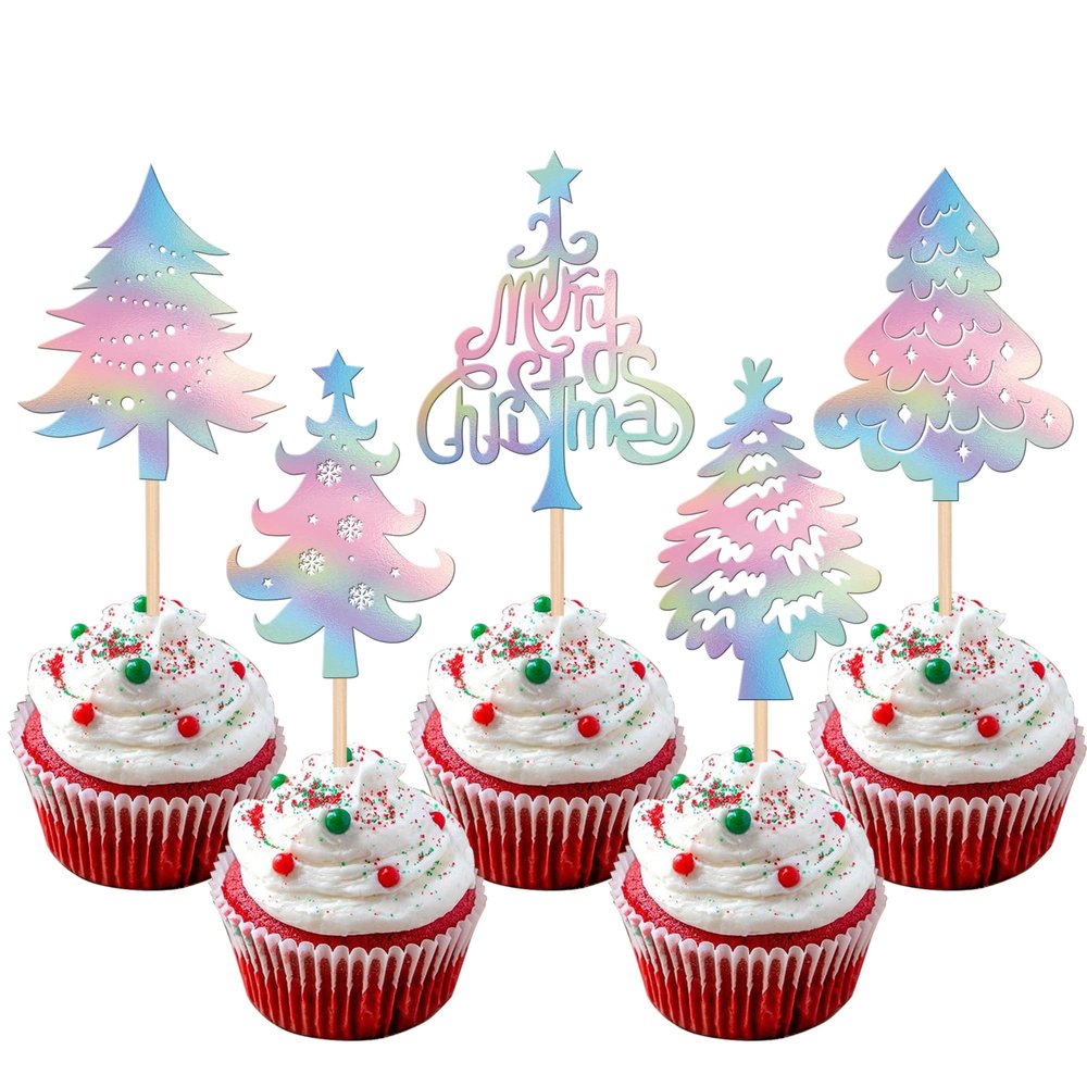 30 PCS Christmas Tree Cupcake Toppers Glitter Merry Christmas Cupcake Picks Christmas Tree Cake Decorations for Christmas Tree Theme Xmas Holiday Baby Shower Birthday Party Supplies Silver