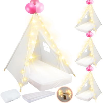 Lemosae 4 Pack Teepee Tent for Kids Slumber Party with Mattress,Fitted Sheet,Light String,Natural Cotton Washable Sleepover Tents for Girls Party Birthday Slumber Movie Night Supplies(White)