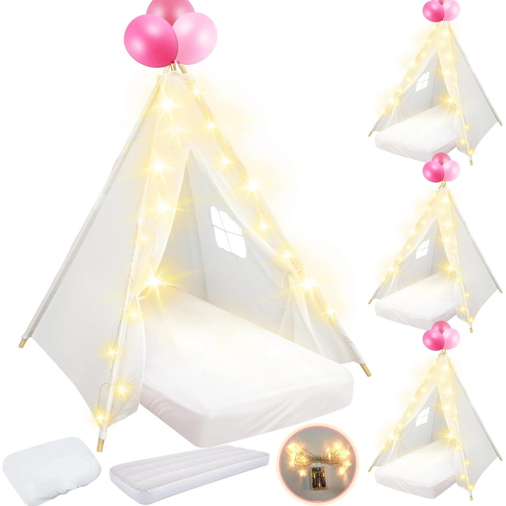 Lemosae 4 Pack Teepee Tent for Kids Slumber Party with Mattress,Fitted Sheet,Light String,Natural Cotton Washable Sleepover Tents for Girls Party Birthday Slumber Movie Night Supplies(White)