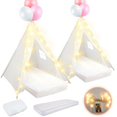 Lemosae 2 Pack Kids Teepee Tent with Mattress,Fitted Sheet,Light String,Washable Natural Cotton Toddler Play Tent for Girls Boys Indoor Outdoor Sleepover Slumber Birthday Party(White)