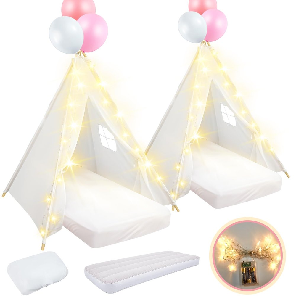 Lemosae 2 Pack Kids Teepee Tent with Mattress,Fitted Sheet,Light String,Washable Natural Cotton Toddler Play Tent for Girls Boys Indoor Outdoor Sleepover Slumber Birthday Party(White)