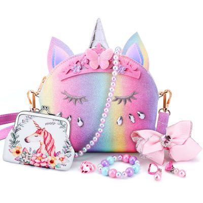 JYPS 7PCS Toddler Purse for Girl, Girls Wallet with Pretend Play Toys, Princess Toys with Kids Dress Up Jewelry Set (Rainbow Crown Unicorn)