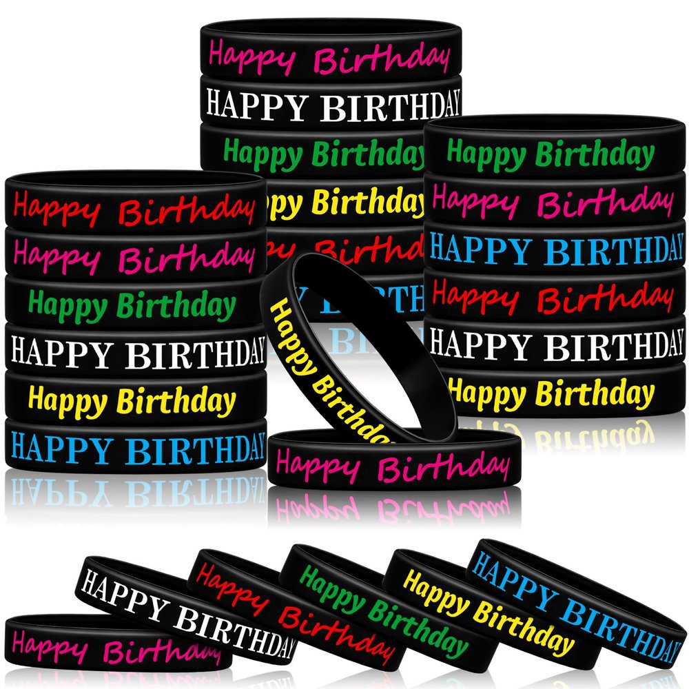 BBTO 48 Pieces Happy Birthday Rubber Bracelets Silicone Stretch Wristbands Colored Silicone Bracelets for Birthday Party Supplies(Cool Style)
