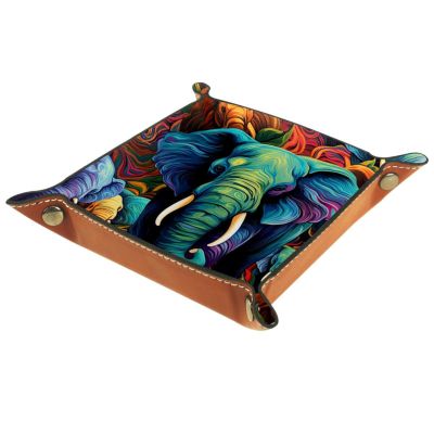 Dice Tray Colorful Elephants Dice Rolling Tray Holder Storage Box for RPG DND Table Games, Double Sided Folding Thick PU Leather