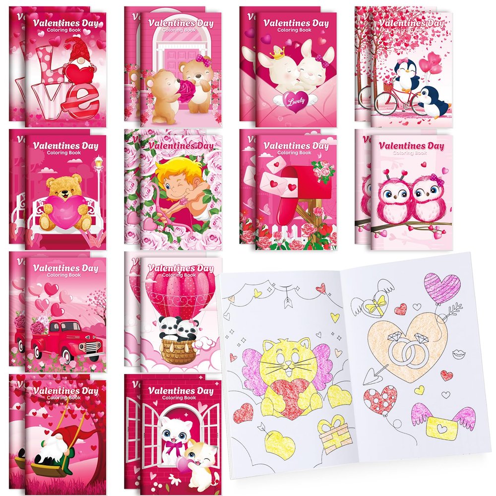 BenLouis 24 Pcs Valentines Day Mini Coloring Books Kids Valentine School Party Favors Small Activity Books Bulk for Kids Valentine's Day Goodie Bags Stuffers Return Gifts Classroom Travel