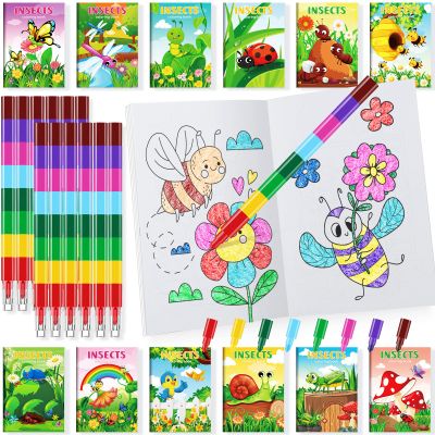 BenLouis 24 Insects Mini Coloring Books Kids with 24 Stacking Crayons Spring Bugs Party Favors Activity Books Bulk for Kids Butterfly Bee Goodie Bag Gift Stuffer Classroom Reward