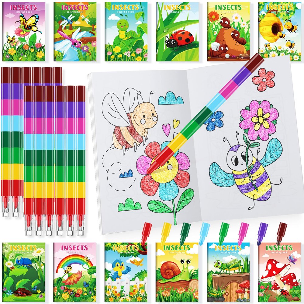 BenLouis 24 Insects Mini Coloring Books Kids with 24 Stacking Crayons Spring Bugs Party Favors Activity Books Bulk for Kids Butterfly Bee Goodie Bag Gift Stuffer Classroom Reward