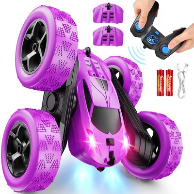 QUNREDA RC Cars, Purple Remote Control Car for Girls, 2.4 GHZ Double Sided RC Stunt Car 360 Rotating Remote Control Crawler with Headlights Car Toys for 6 7 8 9 10 11 12 Girls Birthday Gift