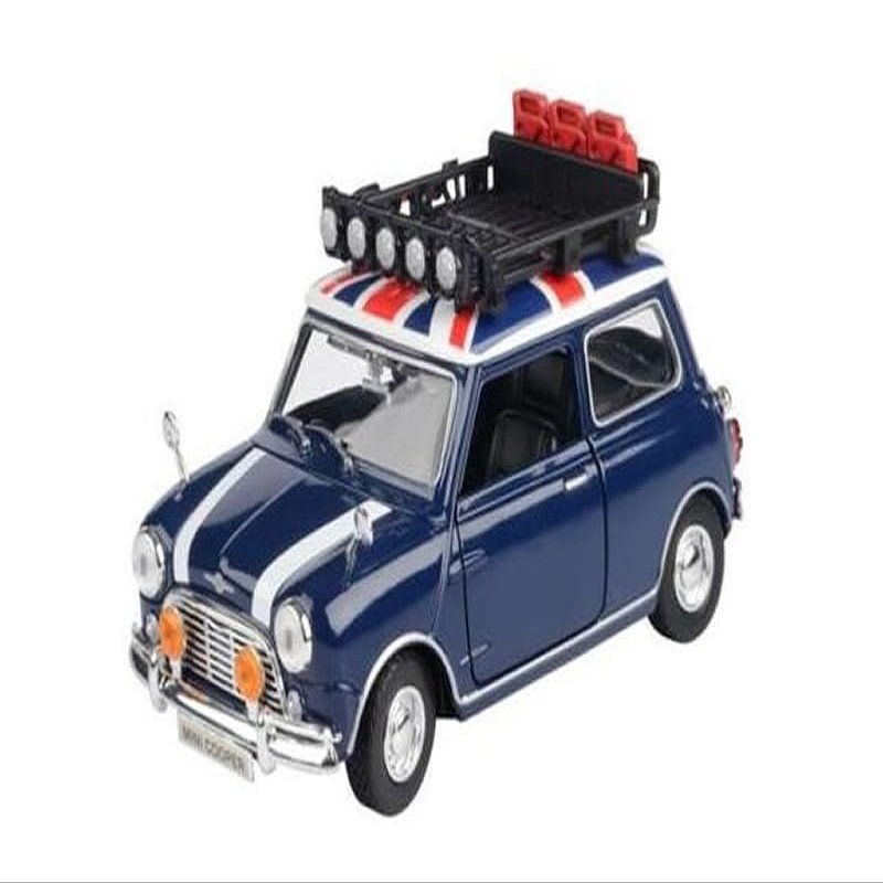 1961-1967 Morris Mini Cooper RHD (Right Hand Drive) Dark Blue with British Flag on The Top and Roof Rack City Classics Series 1/18 Diecast Model Car by Motormax 79741