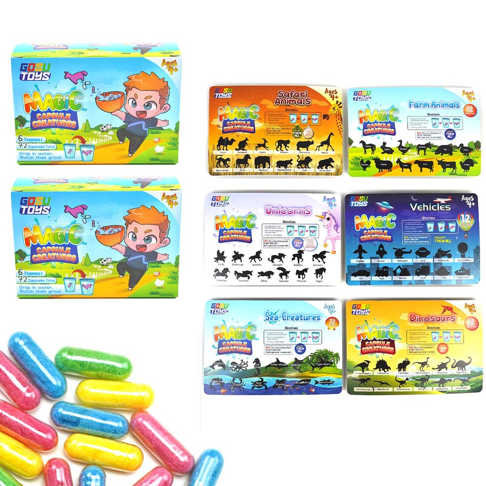 Gosu Toys Magic Capsule Creatures - 6 Theme Packs with 12 Capsules Each - Farm, Sea, Unicorns, Dinosaurs, Safari, Vehicles - Place in Water and Watch Them Grow (12 Pack (2 of Each Theme))