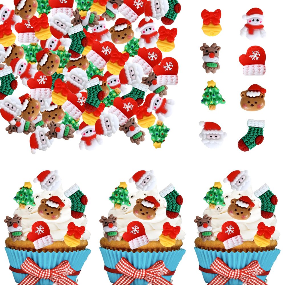 32 Pack Christmas Cupcake Toppers Resin Little Figurine Snowman Santa Christmas Tree Cupcake Picks for Merry Christmas Theme Holiday Party Cupcake Decorations Supplies