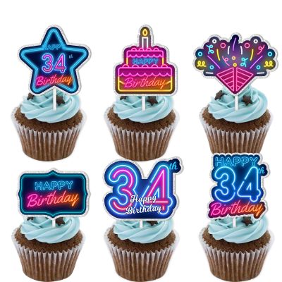 18pcs Blue Fluorescence Glitter Dessert Cupcake Topper Cheer to Lets Glow Crazy Happy 35th Birthday Theme Decoration Supplies Anniversary Wedding Party Decor Supplies