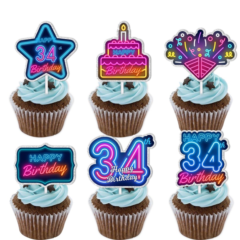 18pcs Blue Fluorescence Glitter Dessert Cupcake Topper Cheer to Lets Glow Crazy Happy 35th Birthday Theme Decoration Supplies Anniversary Wedding Party Decor Supplies