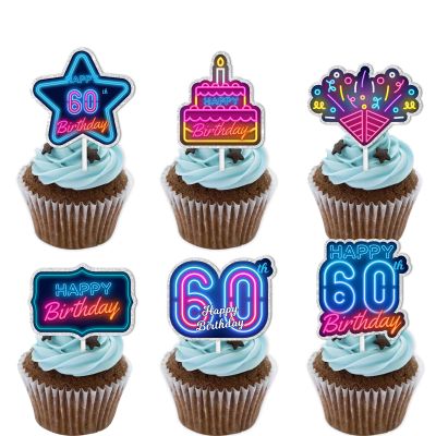 18pcs Blue Fluorescence Glitter Dessert Cupcake Topper Cheer to Lets Glow Crazy Happy 60th Birthday Theme Decoration Supplies Anniversary Wedding Party Decor Supplies