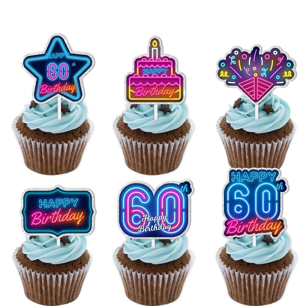 18pcs Blue Fluorescence Glitter Dessert Cupcake Topper Cheer to Lets Glow Crazy Happy 60th Birthday Theme Decoration Supplies Anniversary Wedding Party Decor Supplies