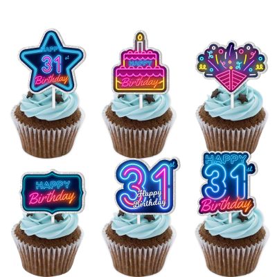 18pcs Blue Fluorescence Glitter Dessert Cupcake Topper Cheer to Lets Glow Crazy Happy 31st Birthday Theme Decoration Supplies Anniversary Wedding Party Decor Supplies