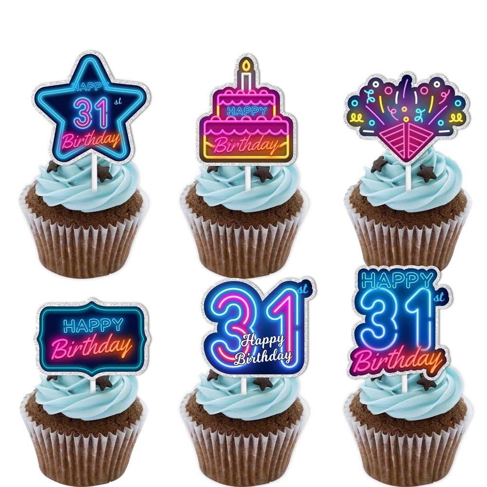 18pcs Blue Fluorescence Glitter Dessert Cupcake Topper Cheer to Lets Glow Crazy Happy 31st Birthday Theme Decoration Supplies Anniversary Wedding Party Decor Supplies