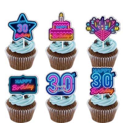 18pcs Blue Fluorescence Glitter Dessert Cupcake Topper Cheer to Lets Glow Crazy Happy 30th Birthday Theme Decoration Supplies Anniversary Wedding Party Decor Supplies