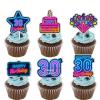 18pcs Blue Fluorescence Glitter Dessert Cupcake Topper Cheer to Lets Glow Crazy Happy 30th Birthday Theme Decoration Supplies Anniversary Wedding Party Decor Supplies view 1