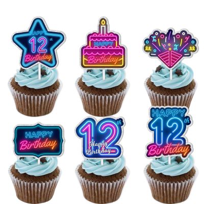 18pcs Blue Fluorescence Glitter Dessert Cupcake Topper Cheer to Lets Glow Crazy Happy 12th Birthday Theme Decoration Supplies Anniversary Wedding Party Decor Supplies