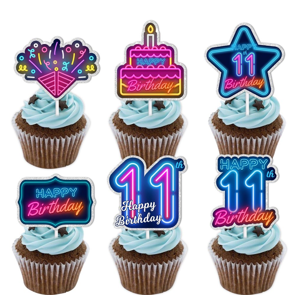 18pcs Blue Fluorescence Glitter Dessert Cupcake Topper Cheer to Lets Glow Crazy Happy 11th Birthday Theme Decoration Supplies Anniversary Wedding Party Decor Supplies