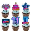 18pcs Blue Fluorescence Glitter Dessert Cupcake Topper Cheer to Lets Glow Crazy Happy 11th Birthday Theme Decoration Supplies Anniversary Wedding Party Decor Supplies view 1
