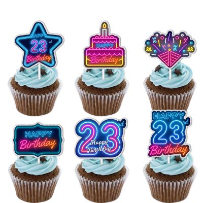 18pcs Blue Fluorescence Glitter Dessert Cupcake Topper Cheer to Lets Glow Crazy Happy 23rd Birthday Theme Decoration Supplies Anniversary Wedding Party Decor Supplies