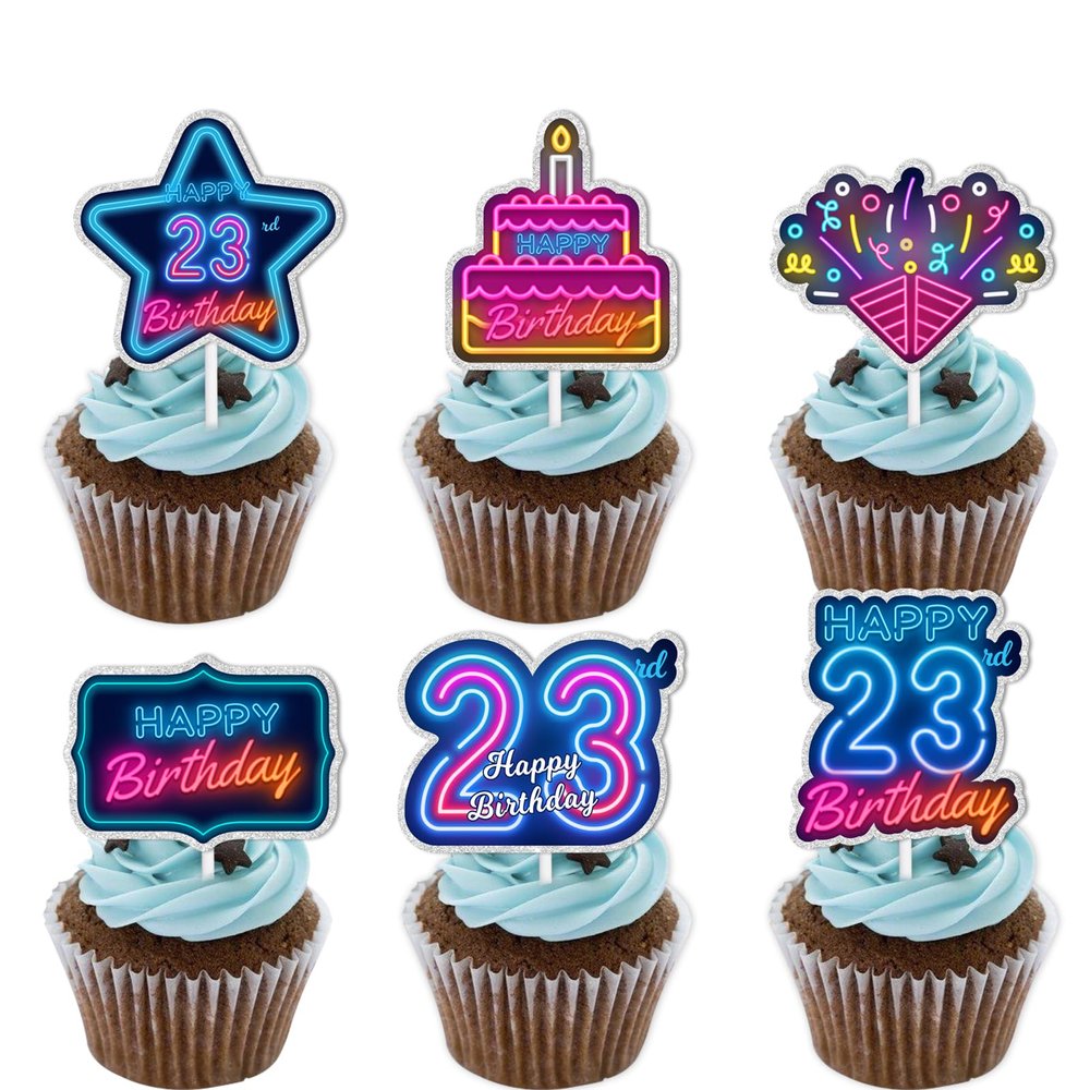 18pcs Blue Fluorescence Glitter Dessert Cupcake Topper Cheer to Lets Glow Crazy Happy 23rd Birthday Theme Decoration Supplies Anniversary Wedding Party Decor Supplies