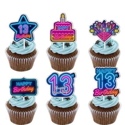 18pcs Blue Fluorescence Glitter Dessert Cupcake Topper Cheer to Lets Glow Crazy Happy 13th Birthday Theme Decoration Supplies Anniversary Wedding Party Decor Supplies