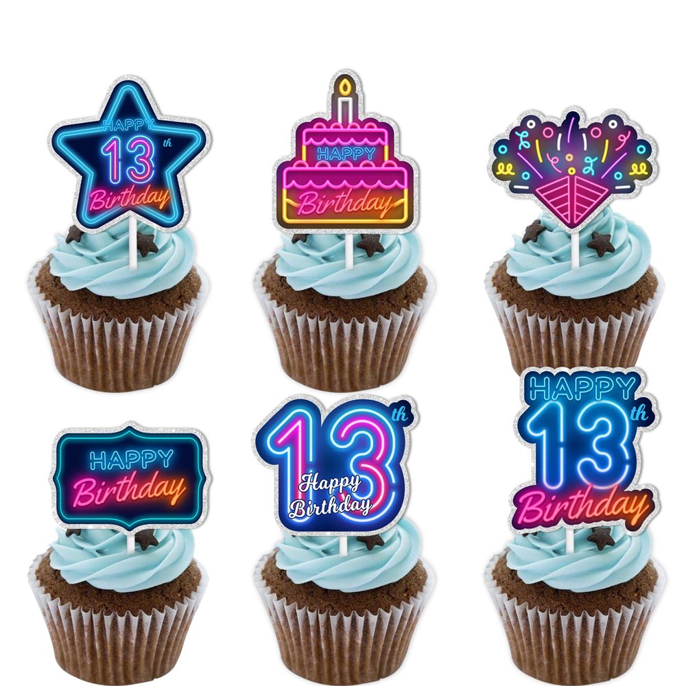 18pcs Blue Fluorescence Glitter Dessert Cupcake Topper Cheer to Lets Glow Crazy Happy 13th Birthday Theme Decoration Supplies Anniversary Wedding Party Decor Supplies