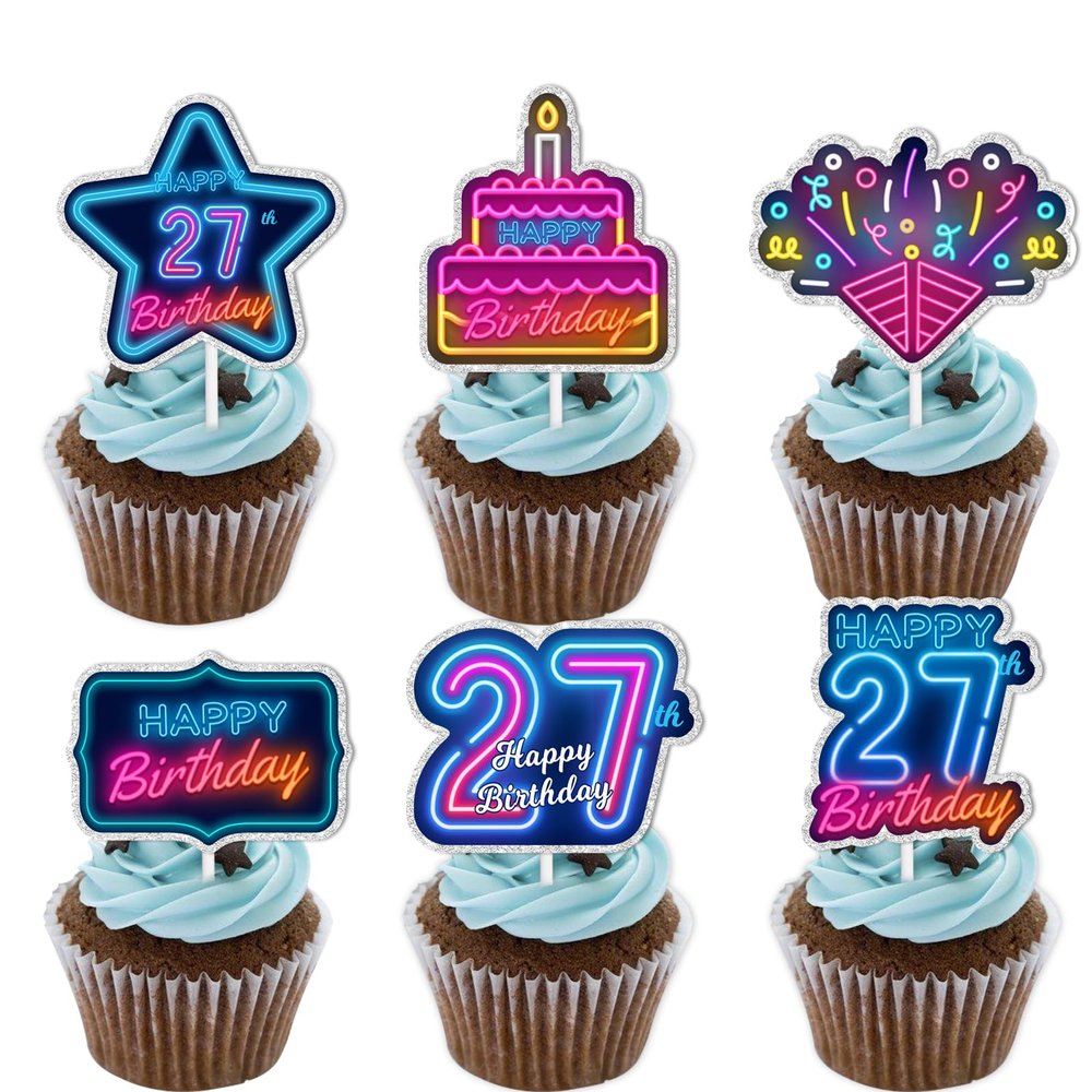 18pcs Blue Fluorescence Glitter Dessert Cupcake Topper Cheer to Lets Glow Crazy Happy 27th Birthday Theme Decoration Supplies Anniversary Wedding Party Decor Supplies