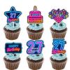 18pcs Blue Fluorescence Glitter Dessert Cupcake Topper Cheer to Lets Glow Crazy Happy 27th Birthday Theme Decoration Supplies Anniversary Wedding Party Decor Supplies view 1