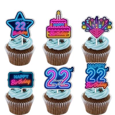 18pcs Blue Fluorescence Glitter Dessert Cupcake Topper Cheer to Lets Glow Crazy Happy 22nd Birthday Theme Decoration Supplies Anniversary Wedding Party Decor Supplies