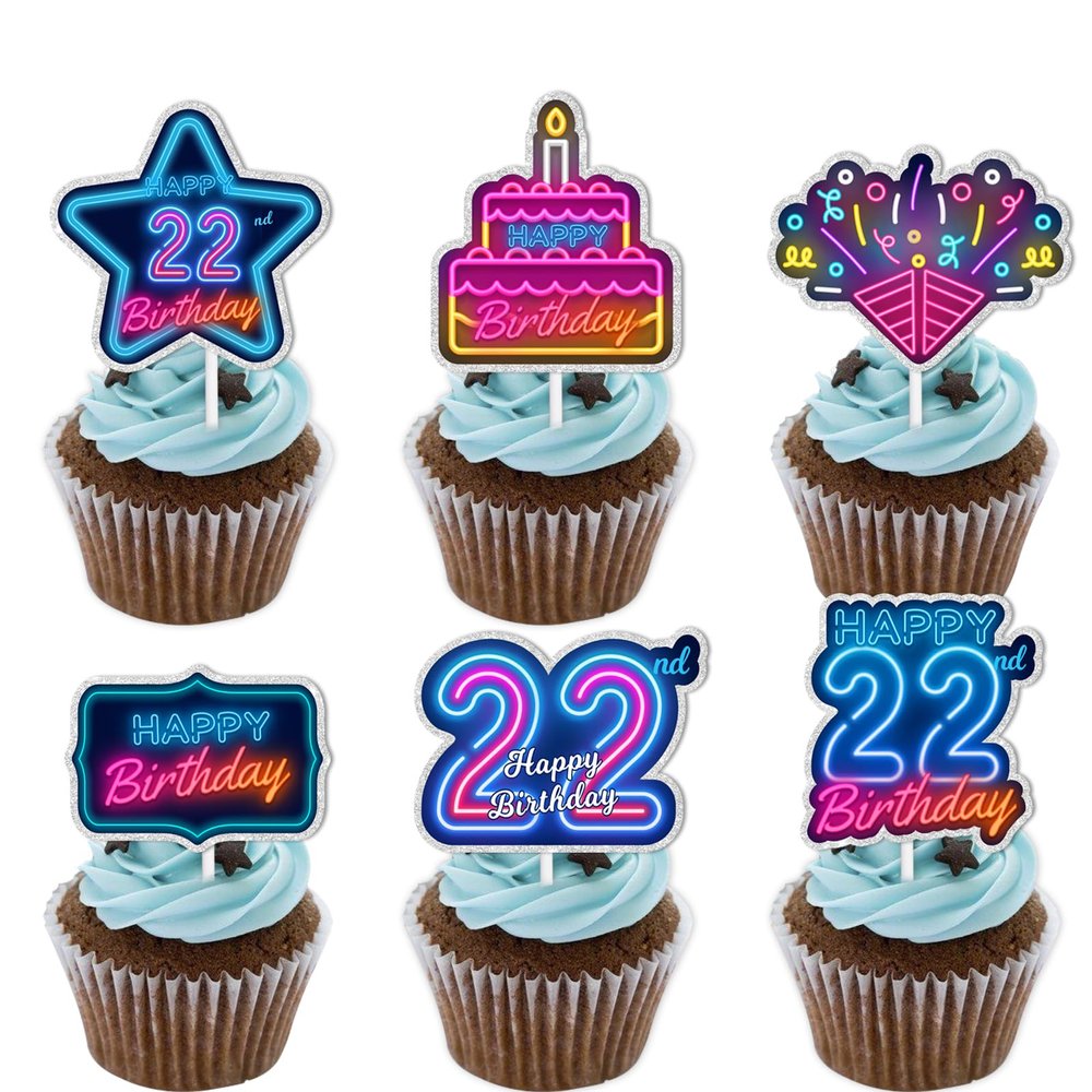 18pcs Blue Fluorescence Glitter Dessert Cupcake Topper Cheer to Lets Glow Crazy Happy 22nd Birthday Theme Decoration Supplies Anniversary Wedding Party Decor Supplies