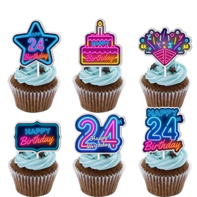 18pcs Blue Fluorescence Glitter Dessert Cupcake Topper Cheer to Lets Glow Crazy Happy 24th Birthday Theme Decoration Supplies Anniversary Wedding Party Decor Supplies