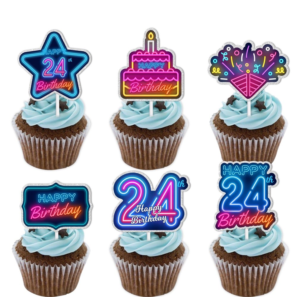 18pcs Blue Fluorescence Glitter Dessert Cupcake Topper Cheer to Lets Glow Crazy Happy 24th Birthday Theme Decoration Supplies Anniversary Wedding Party Decor Supplies